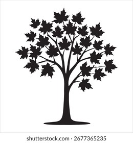 Silhueta de uma árvore decídua com numerosas folhas de bordo contra um fundo branco, simbolizando a natureza e o outono.