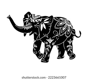 Silhouette of decorated elephant, vector illustration isolated on white background. Black and white elephant drawing. Traditional Hindu motifs and patterns painted on animal.