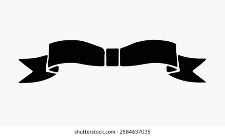 Silhouette of a decorative bow. Black bow with ribbon tails. Elegant bow design. Perfect for gift wrapping, decoration, or festive occasions. Classic bow shape. Vector isolated on white.