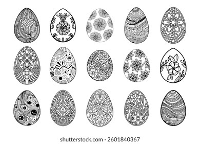  Silhouette Decorative Easter Eggs with Intricate Patterns Mandala, Floral, Paisley, and Zentangle Designs Digital Art, Printable Clipart for DIY Crafts, Festive Decor, Stickers, and Gift Tags