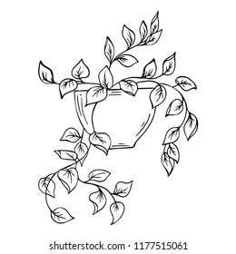 Silhouette decorative pot plant isolated on white background. Cartoon ink sketch. Hand drawn vector illustration.