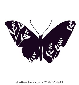 Silhouette, decorative stamp of a butterfly with botanical elements.Vector graphics.