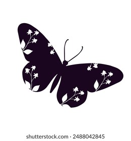 Silhouette, decorative stamp of a butterfly with botanical elements.Vector graphics.