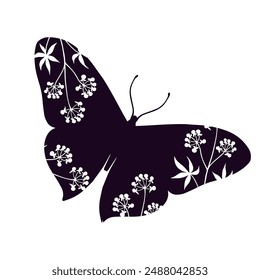 Silhouette, decorative stamp of a butterfly with botanical elements.Vector graphics.