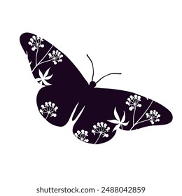 Silhouette, decorative stamp of a butterfly with botanical elements.Vector graphics.
