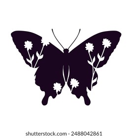 Silhouette, decorative stamp of a butterfly with botanical elements.Vector graphics.
