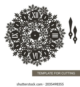 Silhouette of decorative wall clock. Roman numerals, hour and minute hands, openwork dial with a pattern of snowflakes. Interior decoration, gift for winter holidays, Christmas, New Year. Vector image