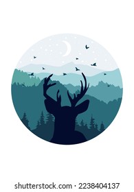 The silhouette of a deer against the backdrop of a mountainous winter landscape with a moon and a starry sky.