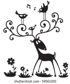Silhouette of a deer with a bird on the horns