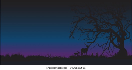 silhouette of a deer and its calf against the night sky in the savanna