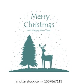 Silhouette of deer and Christmas tree isolated on white background. Winter illustration can be used for holiday design, cards, children's clothing or things design, invitations, postcards and banners.