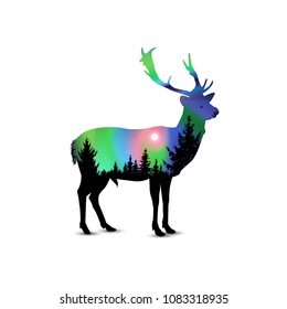 Silhouette of deer with coniferous trees on the background of colorful sky.  Moon. Night. Northern lights. 