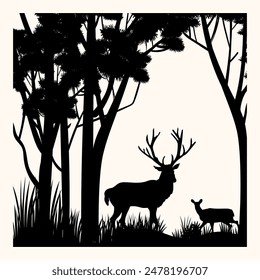 Silhouette of deer, doe, fawn standing in forest hand drawn vector illustration. Silhouette animal, trees, grass landscape.