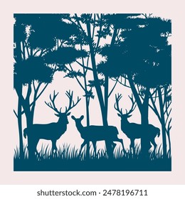 Silueta de ciervo, ciervo, cervatillo de pie en la selva dibujado a mano Ilustración vectorial. Silueta animal, árboles, paisaje de hierba.