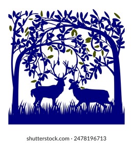 Silhouette of deer, doe, fawn standing in forest hand drawn vector illustration. Silhouette animal, trees, grass landscape.