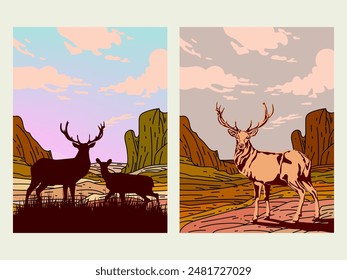 Silhouette of deer, doe, fawn standing on meadow in forest vector background. Trees, grass, magical misty landscape illustration for background, banner, poster and cover.