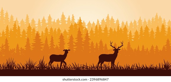 Silhouette of deer, doe standing on meadow in forrest. Silhouette of animal, trees, grass fawn standing on meadow in forrest. Banner Silhouette of animal