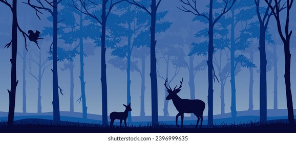 Silhouette of deer, doe standing on meadow in forrest. Silhouette of animal, trees, grass fawn standing on meadow in forrest. Banner Silhouette of animal