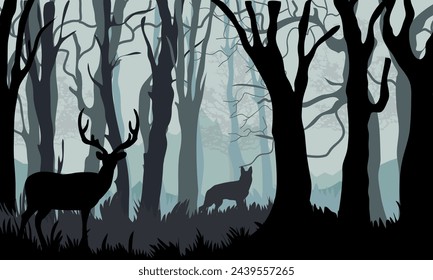 Silhouette of deer, doe standing on meadow in forrest. Silhouette of animal, trees, grass fawn standing on meadow in forrest. Banner Silhouette of animal