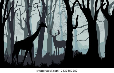 Silhouette of deer, doe standing on meadow in forrest. Silhouette of animal, trees, grass fawn standing on meadow in forrest. Banner Silhouette of animal