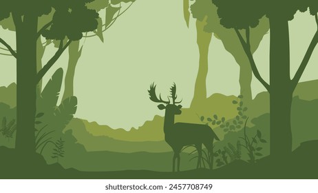 Silhouette of deer, doe standing on meadow in forrest. Silhouette of animal, trees, grass fawn standing on meadow in forrest. Banner Silhouette of animal