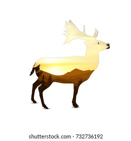 Silhouette of deer with evening mountain landscape.