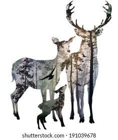 silhouette of the deer family. inside coniferous forest with birds, white background