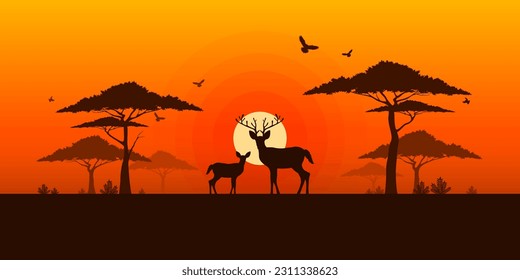 Silhouette of deer family with sunset sky background, Wildlife and Nature, Grassland safari, Environmental conservation, National park in Africa, Think green nature, Save the planet and the wildlife.