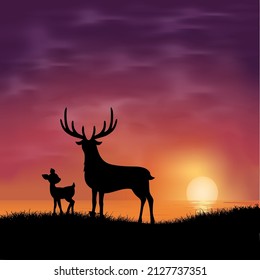 Silhouette of deer and fawn isolated on sunset background.
Elegant sunset background with deer and fawn vector illustration