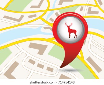 Silhouette of the deer. Flat deer icon.  Symbol on the map pointer