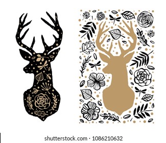 Silhouette of deer in the flower pattern. Hand drawn design elements. Black and white vector illustration. Nursery scandinavian art.