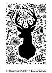 Silhouette of deer in the flower pattern. Hand drawn design elements. Black and white vector illustration. Nursery scandinavian art.