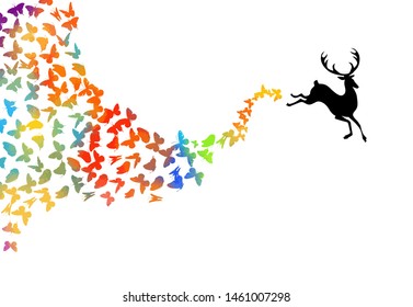The silhouette of a deer with flying butterflies. vector illustration