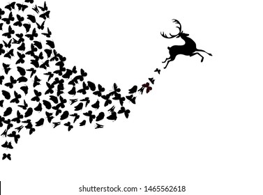 The silhouette of a deer with flying butterflies. vector illustration