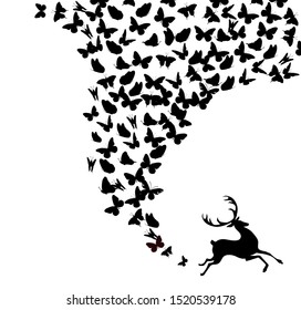 The silhouette of a deer with flying butterflies. vector illustration