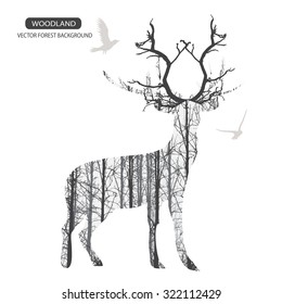 silhouette of deer in forest background with beautiful horn branch, vector illustration