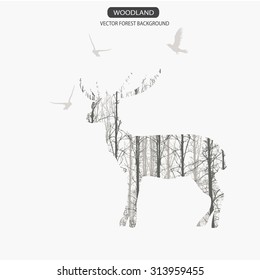 silhouette of deer in forest background, vector illustration