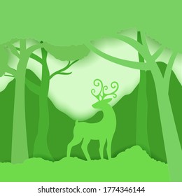La silueta del ciervo en el fondo verde del bosque.Ilustración vectorial
