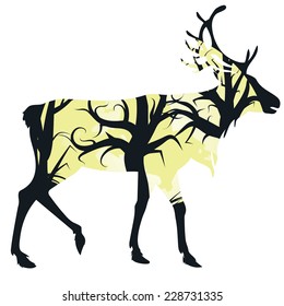 Silhouette of a deer with forest inside on white background.