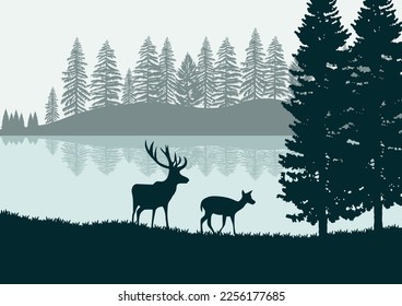 Silhouette of deer in the forest and lake. Vector illustration