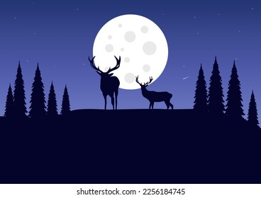 Silhouette of deer in the forest at night with full moon background. Vector illustration.