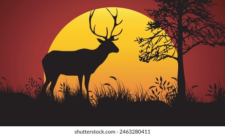 Silhouette Deer in the forest on sunset background, Illustration vector nature