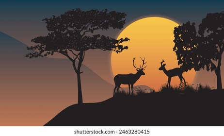 Silhouette Deer in the forest on sunset background, Illustration vector nature