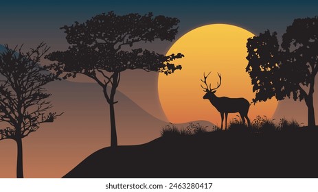 Silhouette Deer in the forest on sunset background, Illustration vector nature