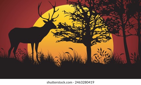Silhouette Deer in the forest on sunset background, Illustration vector nature