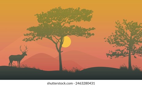 Silhouette Deer in the forest on sunset background, Illustration vector nature