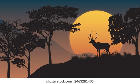 Silhouette Deer in the forest on sunset background, Illustration vector nature