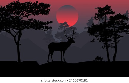 Silhouette Deer in the forest on sunset background, Illustration vector nature