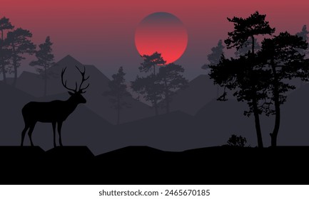 Silhouette Deer in the forest on sunset background, Illustration vector nature