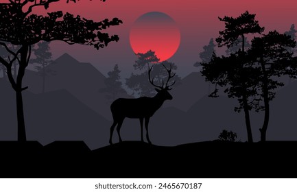 Silueta Venado en el bosque en el fondo del atardecer, Ilustración Vector naturaleza